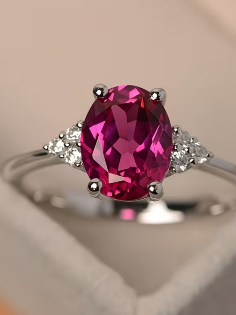 Elegant Oval Shaped Raspberry Color Silver Tone Ring